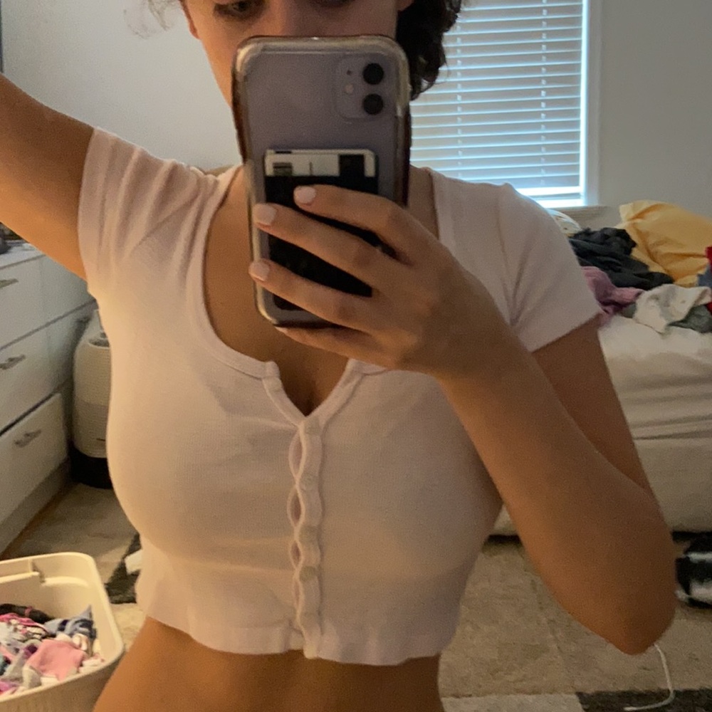 white and pink striped button up cropped top!